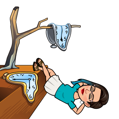 Bitmoji of Sophia resting in a scene of melting dali clocks