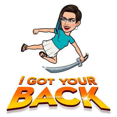 Bitmoji of Sophia flying into a kung fu kick with a sword over text that reads "i got your back"