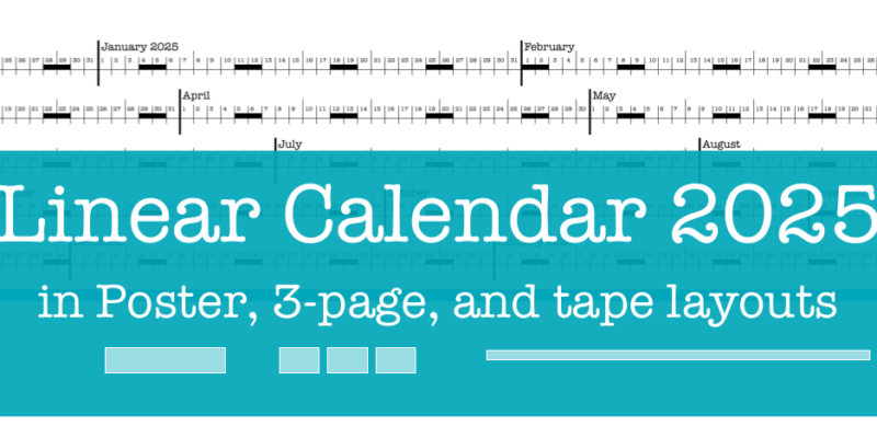 Linear Calendar with a blue bar over it showing it can be downloaded in three versions: poster, 3-page and tape