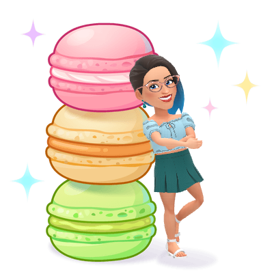 figure leaning against three stacked macarons